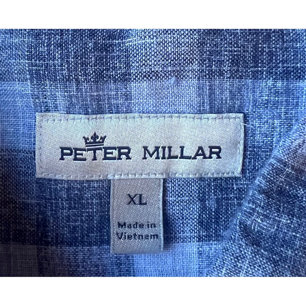 Peter Millar Mens XL Blue White Plaid Linen Sorona Short Sleeve Button Down - Picture 3 of 7